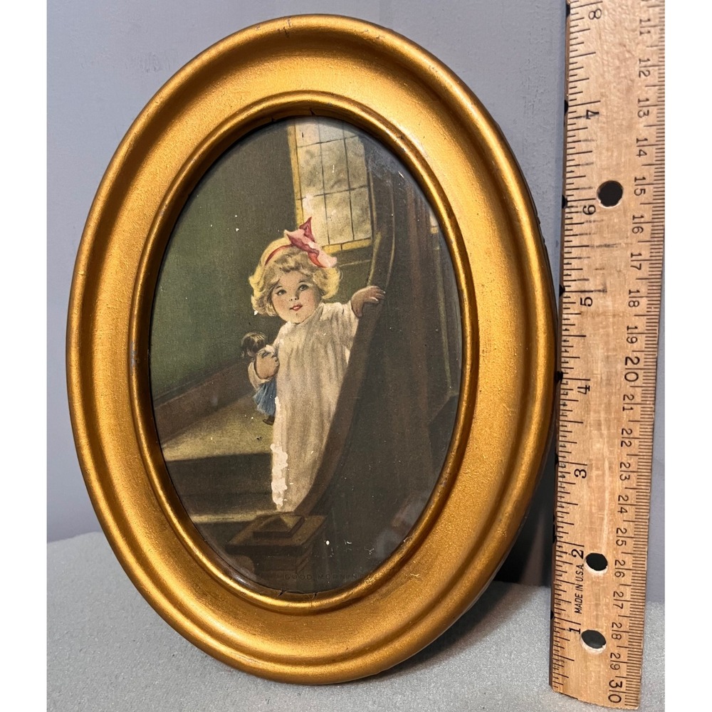 Vintage Bessie Pease Gutmann Good Morning Girl‎ with Doll Oval Gold Frame